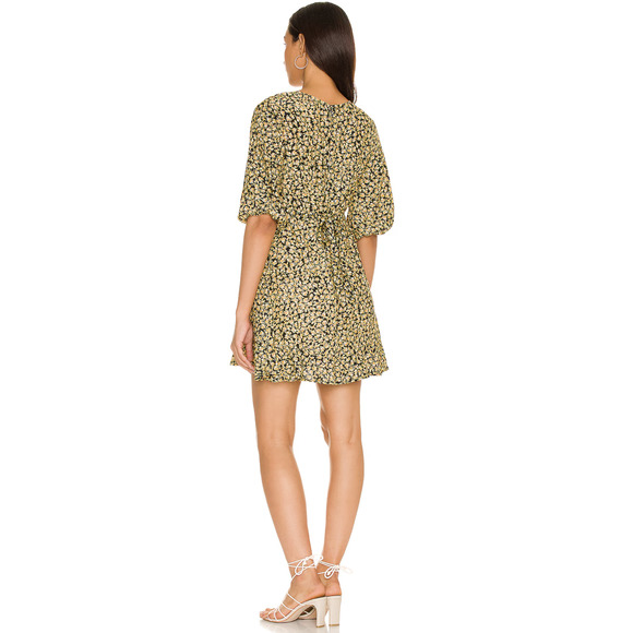 Faithfull the Brand Yellow Black Floral Ruffle Hem Tie Waist Mini Dress Size 4 - Picture 2 of 7